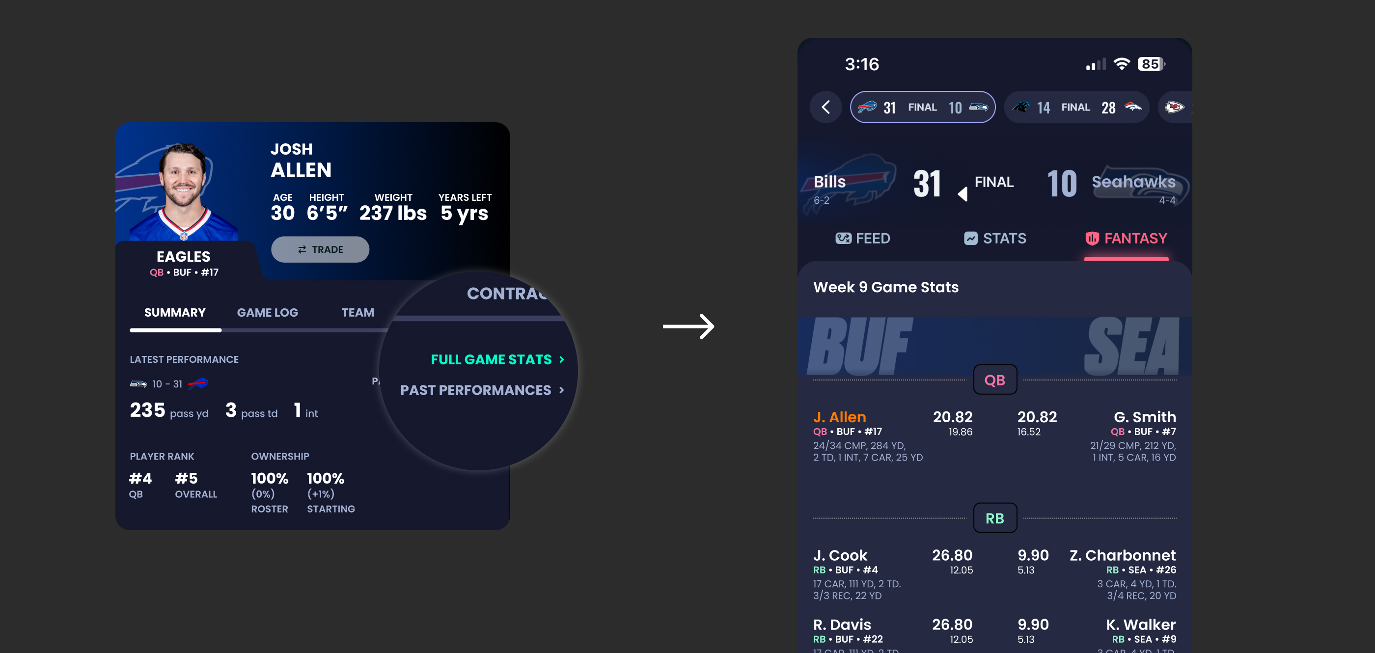Sleeper player profile showing separate Full Game Stats and Past Performances buttons