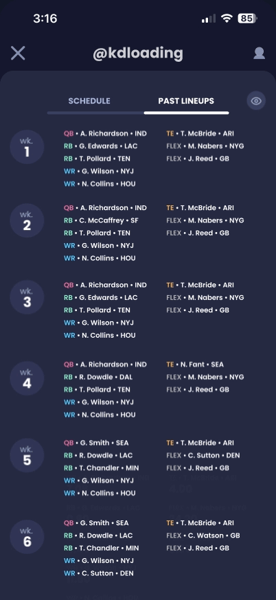 Animated Sleeper interface showing opponent past lineups with a toggle to hide points