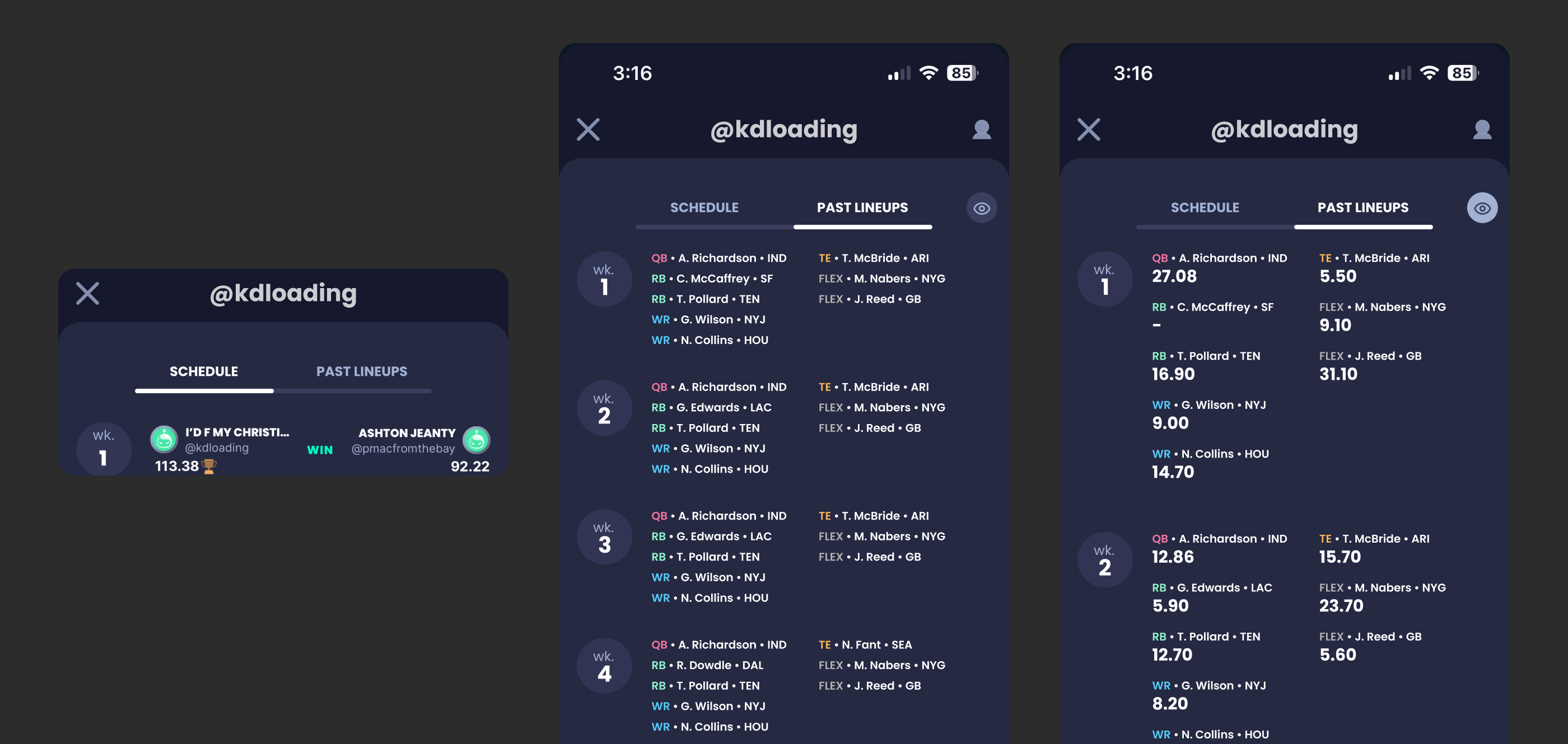 Sleeper interface showing opponent past lineups with an eye icon toggle to hide points scored