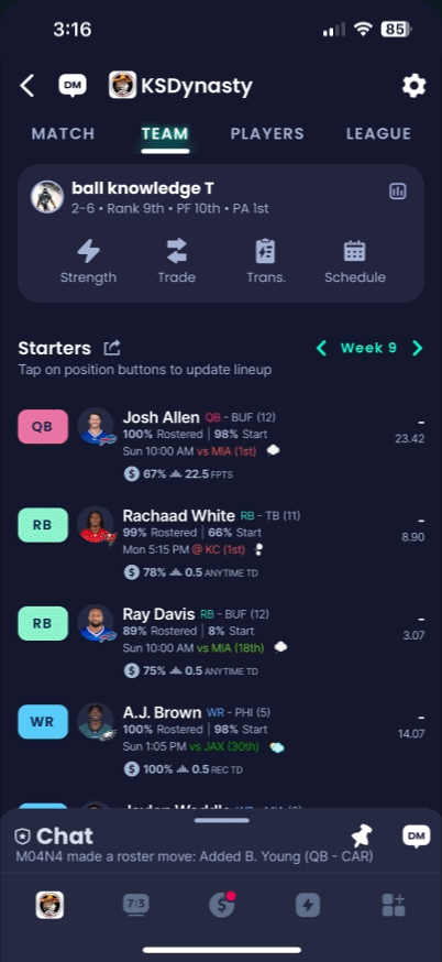 Animated Sleeper interface showing strength of schedule star ratings