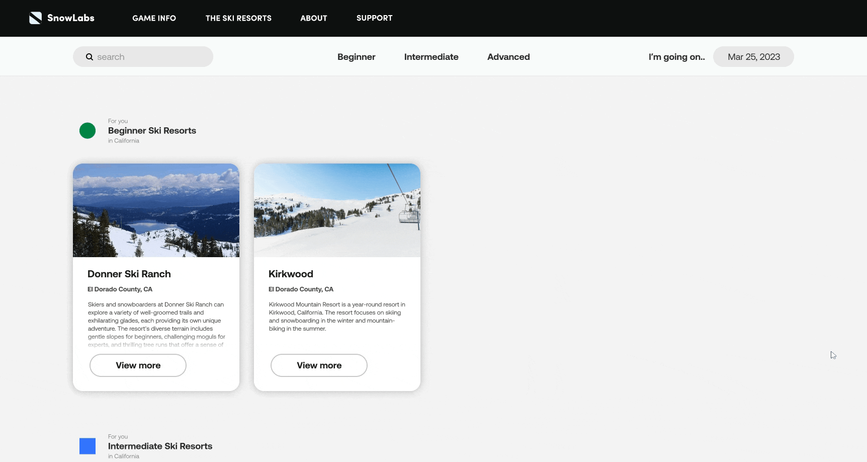 Animated SnowLabs interface showing resort search and skill-level filtering