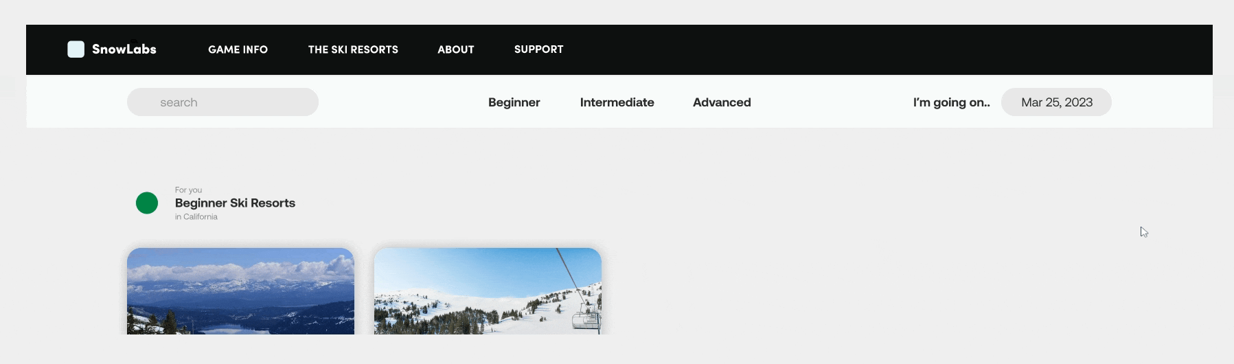 SnowLabs interface with difficulty filters centered and calendar moved to the right