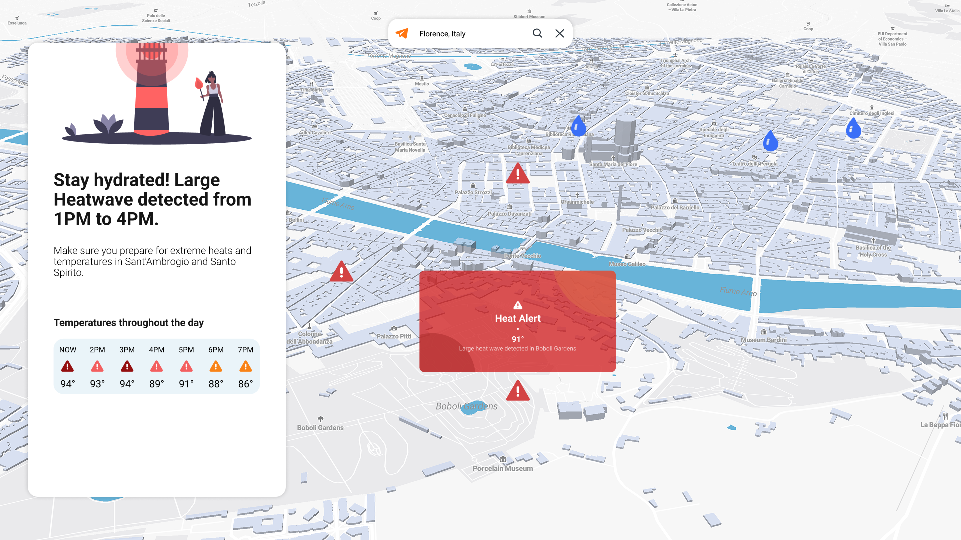 Early SnowLabs travel planner concept showing weather alerts on a map interface