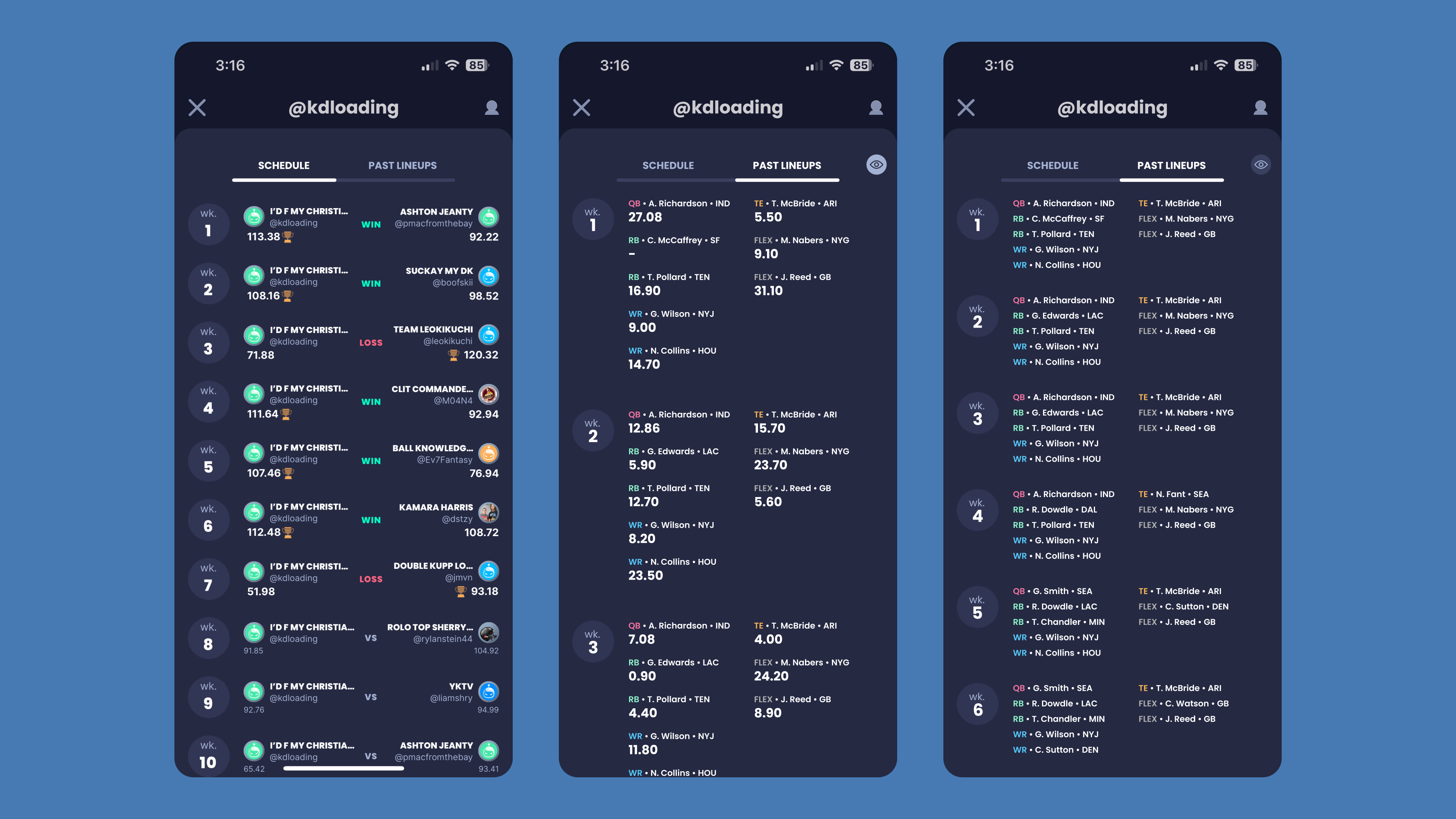 Past opponent lineups
